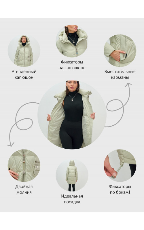 Женский модный пуховик с капюшоном салатового цвета