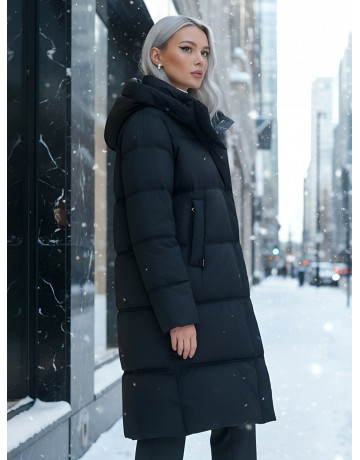 Длинный женский пуховик с капюшоном для зимы
