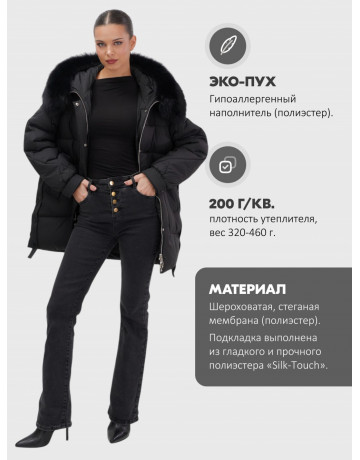 Женский зимний пуховик с мехом и капюшоном, чёрный.