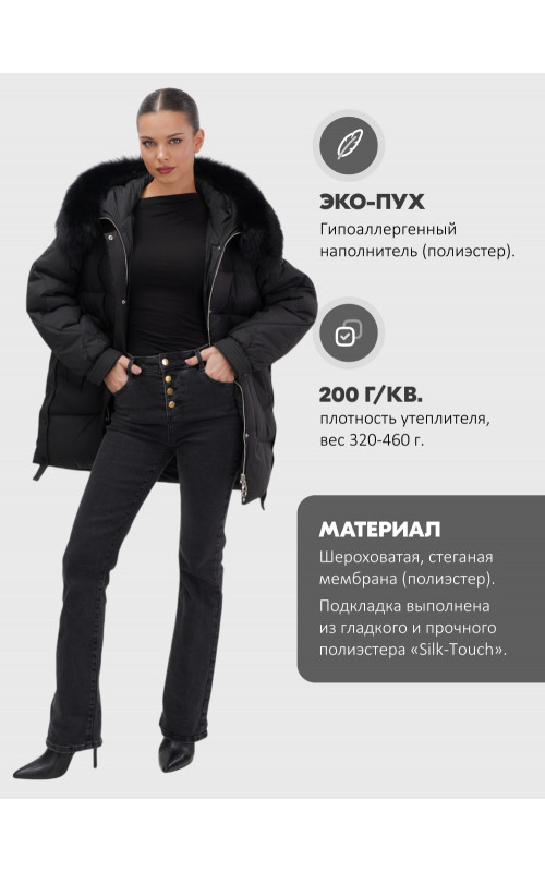 Женский зимний пуховик с мехом и капюшоном, чёрный.