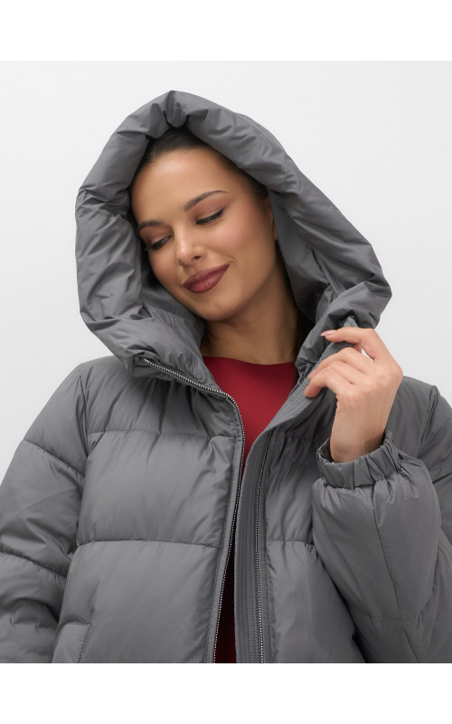 Женский зимний пуховик с капюшоном на резинке для больших размеров.