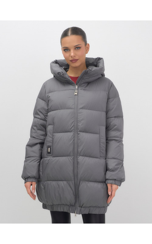 Женский зимний пуховик с капюшоном на резинке для больших размеров.