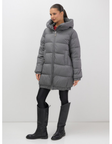 Женский зимний пуховик с капюшоном на резинке для больших размеров.