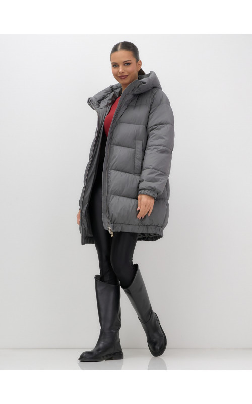 Женский зимний пуховик с капюшоном на резинке для больших размеров.