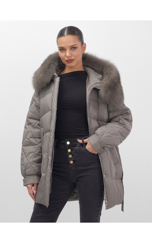 Пуховик с мехом песца для женщин, удлинённый, чёрный.