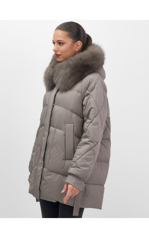 Пуховик с мехом песца для женщин, удлинённый, чёрный.