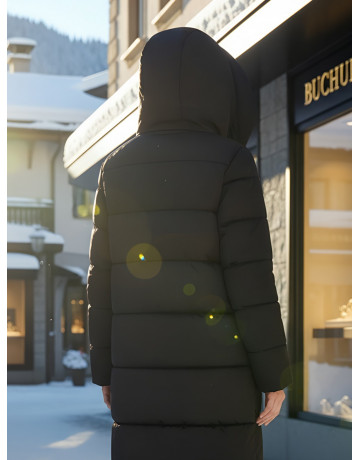 Длинный женский пуховик с капюшоном для зимы